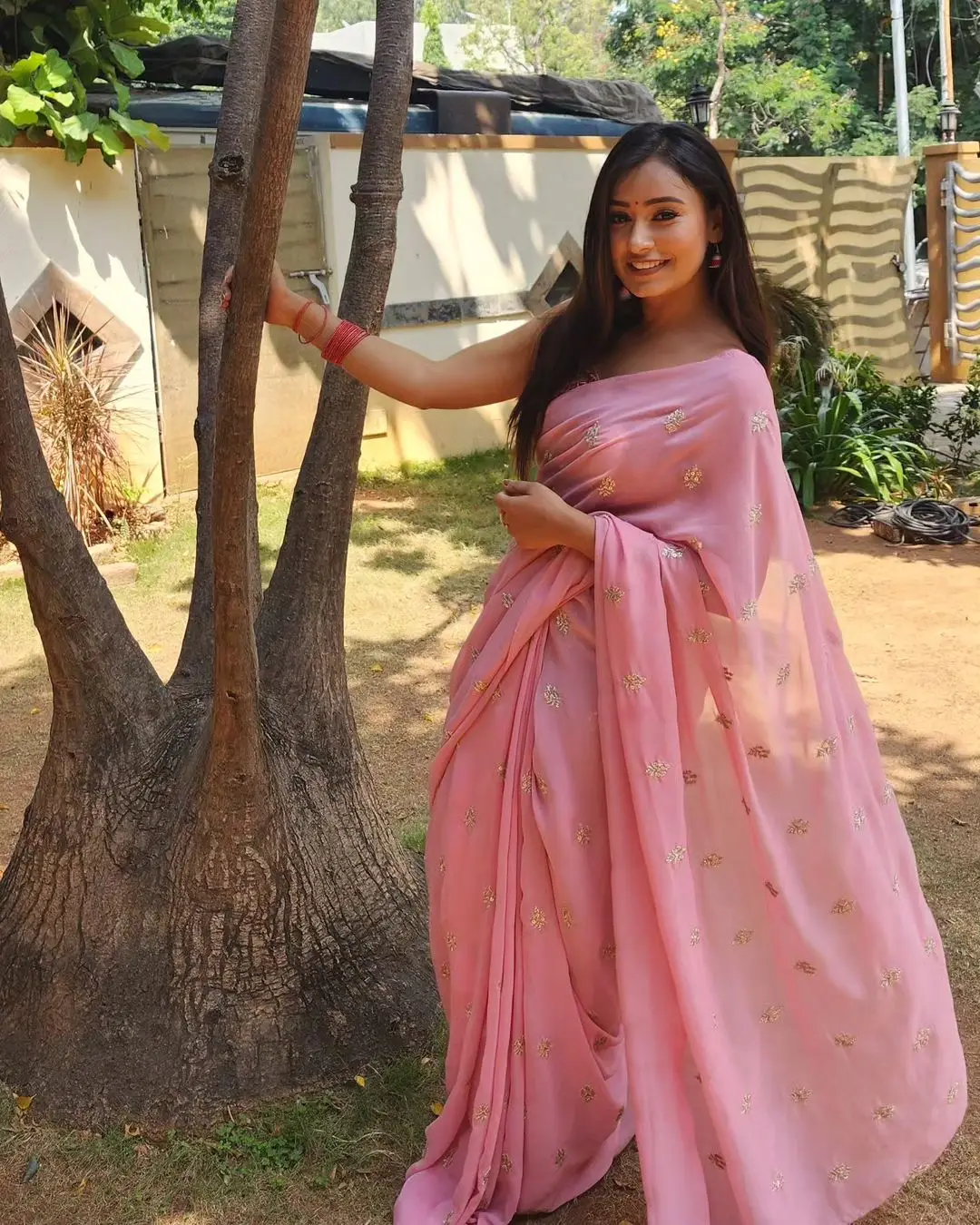 Telugu TV Actress Deepa Jagadeesh In Pink Saree Sleeveless Blouse